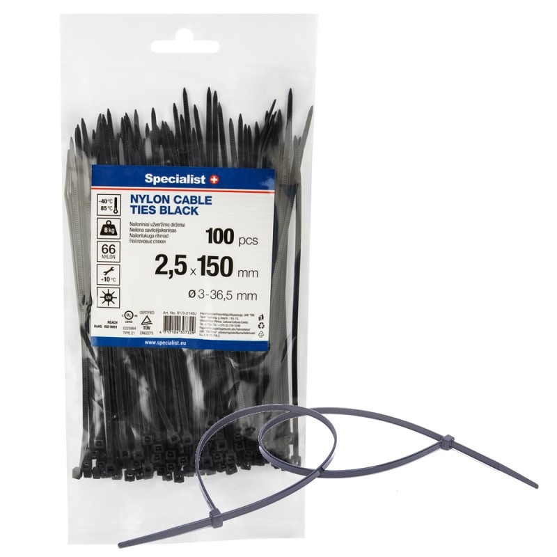 Dirželis Specialist 81/3-2140J; 2,5x150 mm; 100 vnt.; juodas