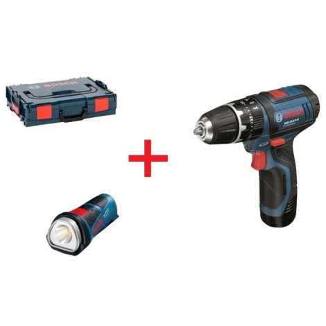 Smūginis suktuvas-gręžtuvas Bosch GSB; 10,8 V; 2x2,0 Ah akum. + prožektorius GLI PowerLEDs pofessional