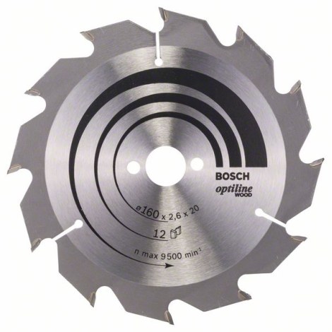 Pjovimo diskas medienai Bosch OPTILINE WOOD; 160x2,6x20,0 mm; Z12; 15°  
