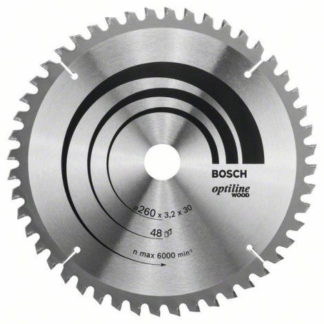 Pjovimo diskas medienai Bosch OPTILINE WOOD; 260x3,2x30,0 mm; Z48; 15°  