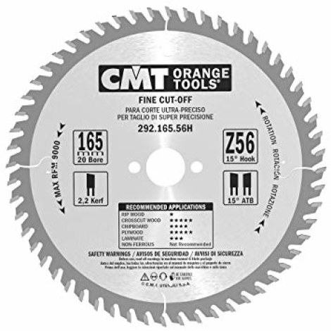 Pjovimo diskas medienai CMT 292; 165x2,2x20,0 mm; Z56; 10° 