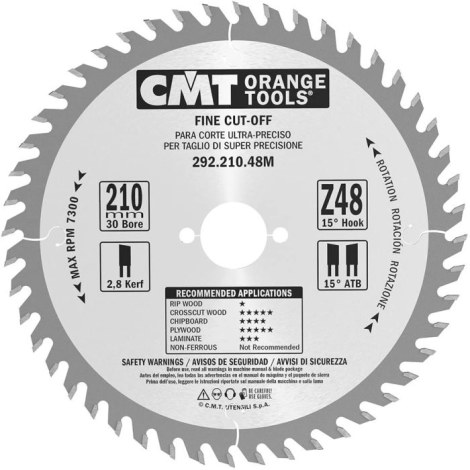 Pjovimo diskas medienai CMT 292; 210x2,8x30; Z48; 15° 