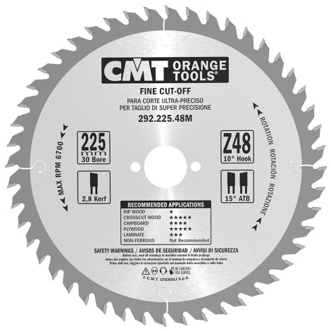 Pjovimo diskas medienai CMT 292; 225x2,8x30; Z48; 10° 