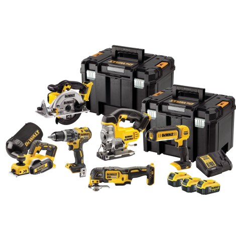 Įrankių rinkinys DeWalt (DCD796 + DCS3555 + DCP580 + DWV9390 + DCS391 + DCS331 + DCL050) 18 V; 3x5,0 Ah akum.