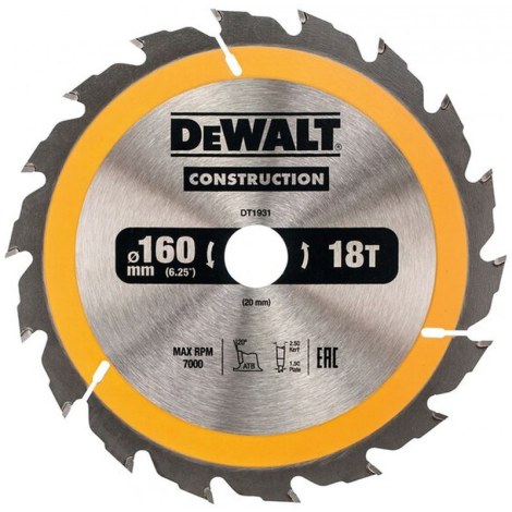 Pjovimo diskas medienai DeWalt DT1931-QZ; 160x20 mm; 18T
