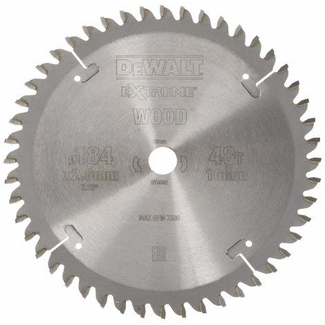 Pjovimo diskas medienai DeWalt; 184x2,6x16,0 mm; Z48; -5° 