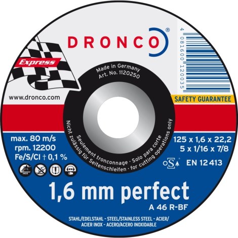 Abrazyvinis pjovimo diskas Dronco PERFECT A 46 R; 125x1,6x22,2 mm; 1 vnt.