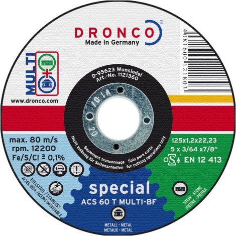 Abrazyvinis pjovimo diskas Dronco SPECIAL ACS 46/ACS 60 T MULTI; 125x1,2x22,23 mm; 1 vnt.