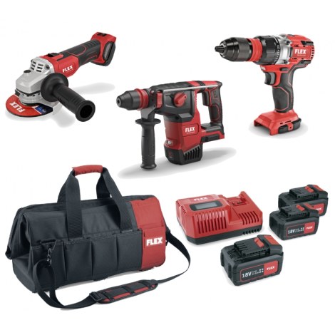Įrankių rinkinys Flex 497444+_FLE (FLEX L125 18 V EC +  FLEX DD 2G 18 V EC +  FLEX CHE 2-26 18 VEC C); 18 V; 3x5,0 Ah akum.