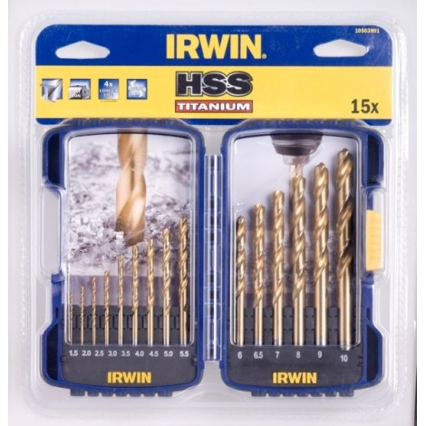 15 dalių grąžtų rinkinys Irwin HSS Titanium; 1,5-10 mm 