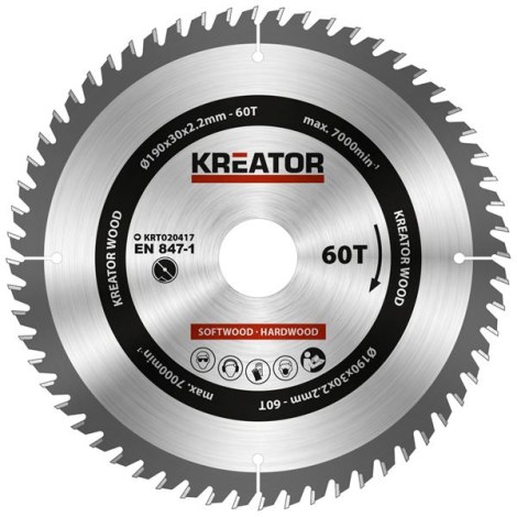 Pjovimo diskas medienai Kreator KRT020417; 190x30x2,2 mm