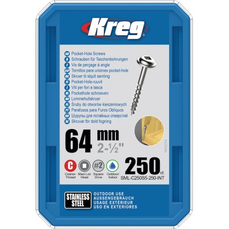 Medvaržtis Kreg SML-C250S5; Maxi-Loc; 2,50''; 64 mm; 250 vnt.; nerūdijančio plieno
