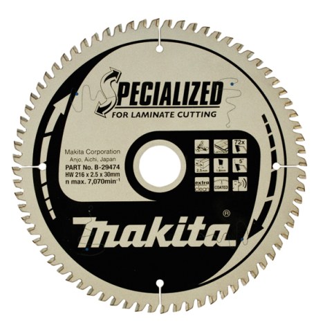 Pjovimo diskas laminatui Makita; 216x2,5x30,0 mm; Z72; 5°  