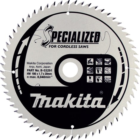 Pjovimo diskas medienai Makita; 190x1,7x20,0 mm; Z60; 20° 