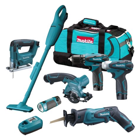 Įrankių rinkinys Makita DK1476 (JR102DZ + DF330DZ + TD090DZ + HS300DZ + JV100DZ + CL100DZ); 10,8 V;3x1,3 Ah akum.