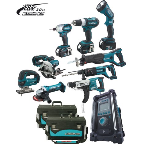 Įrankių rinkinys Makita LXT1000 (BJR181 + BDF456 + BJV180 + BTD146 + BSS501Z + BHR202RFE + BFR550 + BGA452 + BMR102); 18 V; 4x3,0 Ah akum.