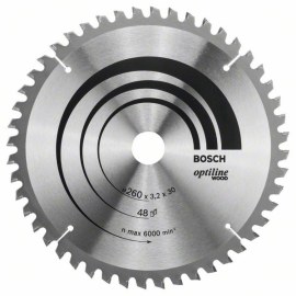 Pjovimo diskas medienai Bosch OPTILINE WOOD; 260x3,2x30,0 mm; Z48; 15°  