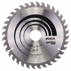 Pjovimo diskas medienai Bosch OPTILINE WOOD; 184x2,6x30,0 mm; Z36; 15°  