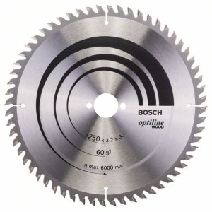 Pjovimo diskas medienai Bosch OPTILINE WOOD; 250x3,2x30,0 mm; Z60; 10°  