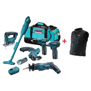 Įrankių rinkinys Makita DK1476 (JR102DZ+DF330DZ +TD090DZ+HS300DZ+JV100DZ+ CL100DZ); 10,8 V;3x1,3 Ah akum. + šildoma liemenė Makita CV100DZL; 10,8 V; L