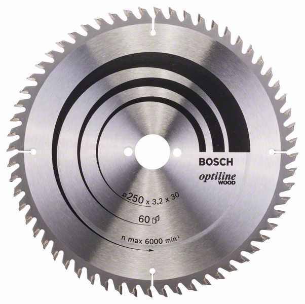 Pjovimo diskas medienai Bosch OPTILINE WOOD; 250x3,2x30,0 mm; Z60; 10°  