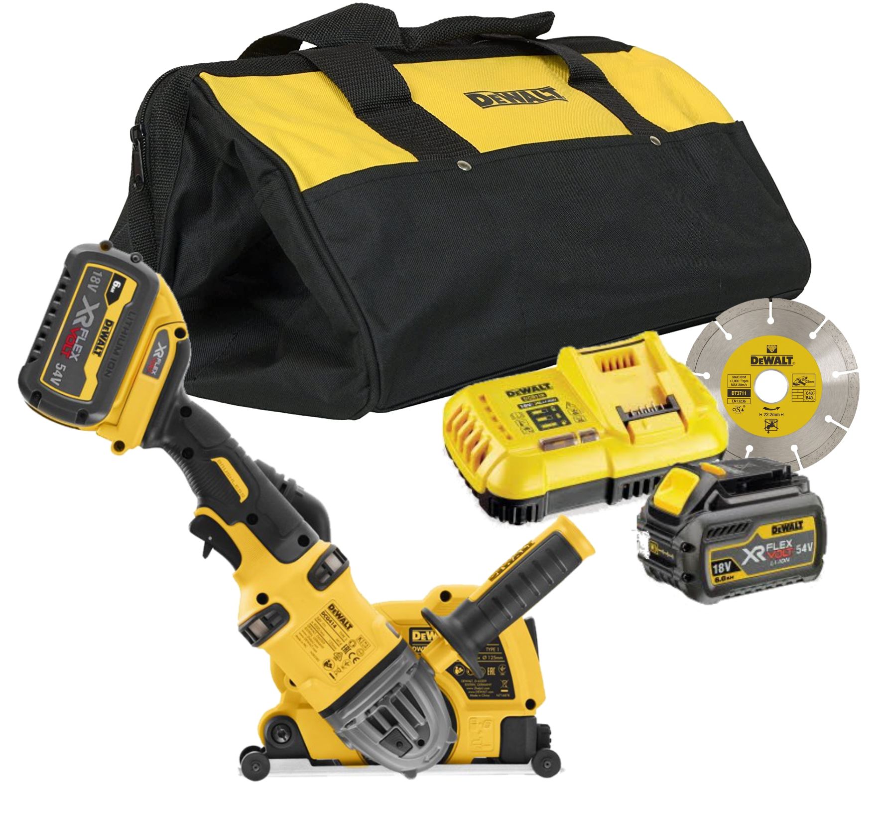Mūro freza-vagapjovė DeWalt DCG4610T2-QW; 2x6,0 Ah akum.