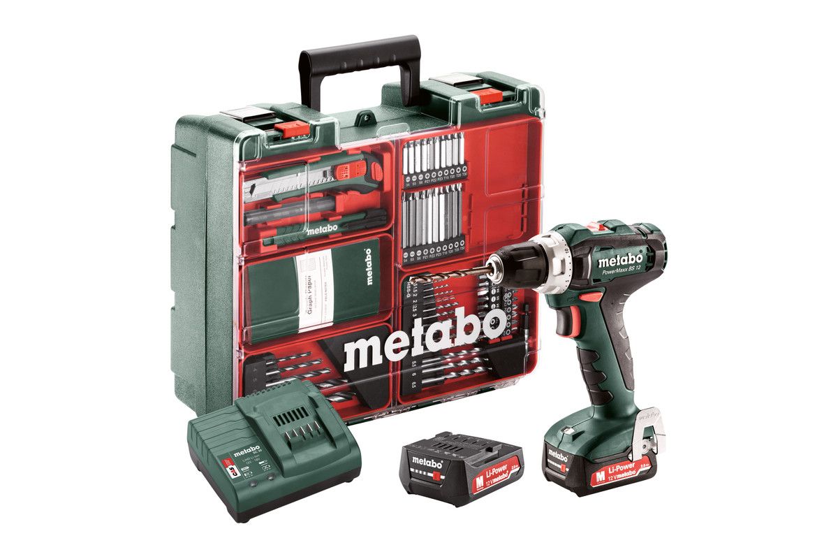 Suktuvas-gręžtuvas Metabo PowerMaxx BS 12 Set; 12 V; 2x2,0 Ah akum. + meistro rinkinys