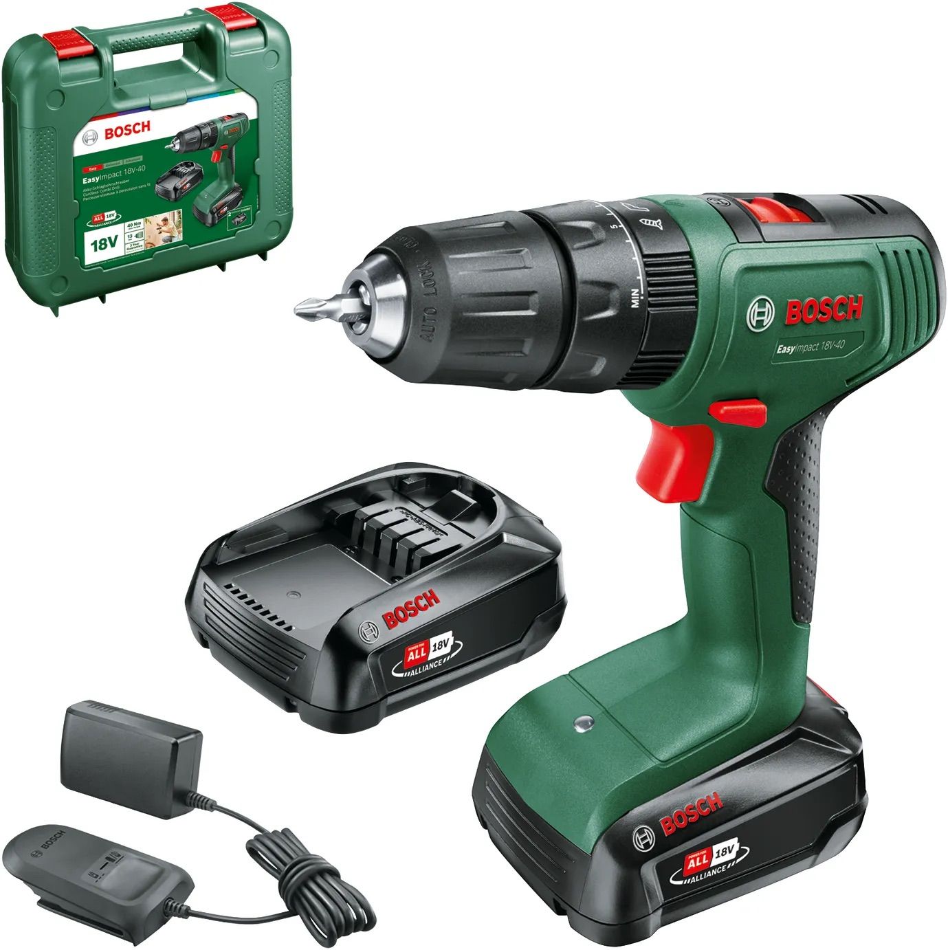 Smūginis gręžtuvas Bosch EasyImpact1 8V-40; 18 V; 2x1,5 Ah akum.