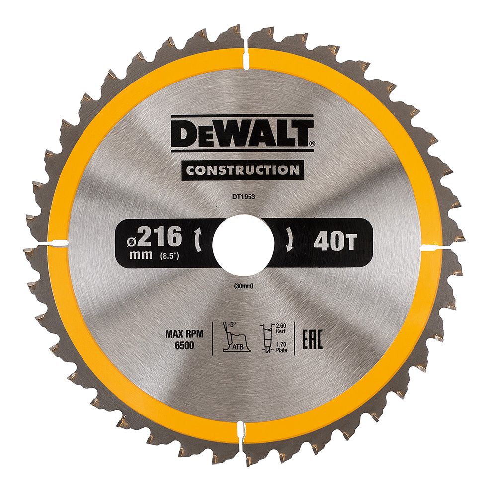 Pjovimo diskas medienai DeWalt; 216x2,6x30,0 mm; Z40; -5° 
