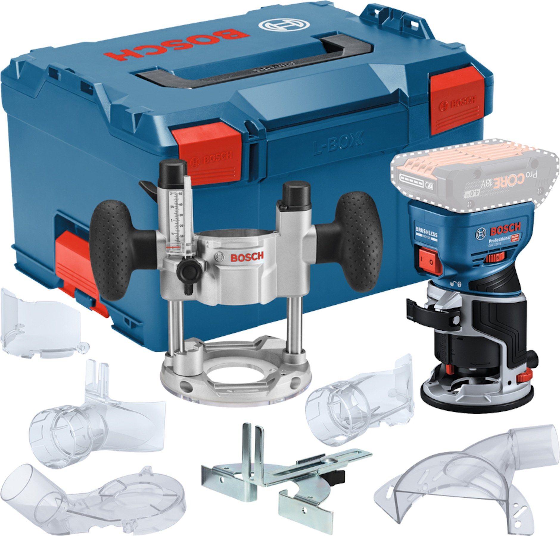 Akumuliatorinė kantų freza Bosch GKF 18V-8 Professional; 18 V (be akumuliatoriaus ir pakrovėjo) + L-BOXX 238 (ekspozicinė prekė)