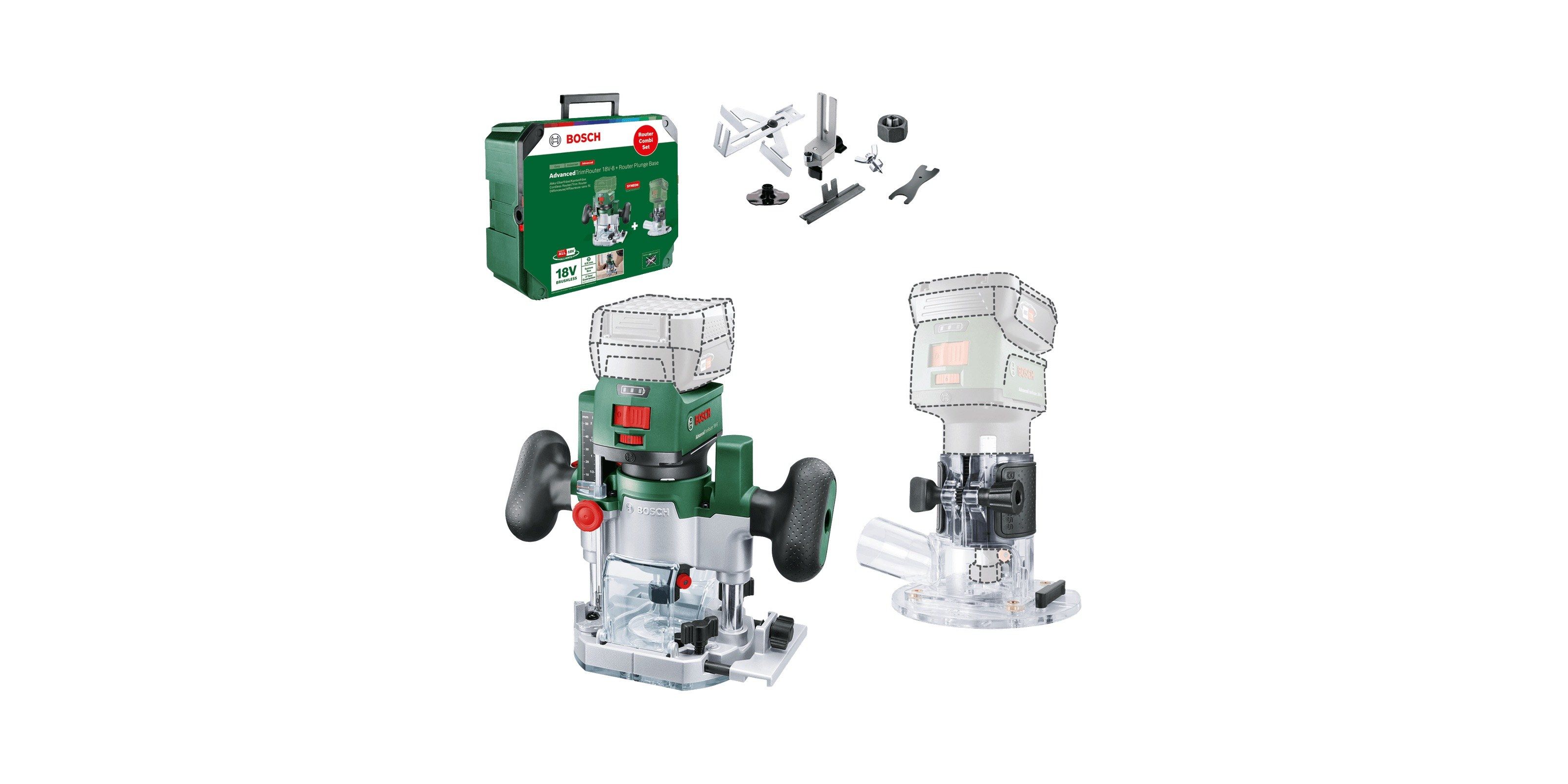 Akumuliatorinė kantų freza Bosch AdvancedTrimRouter 18V-8; 18 V (be akumuliatoriaus ir pakrovėjo) + priedai (ekspozicinė prekė)