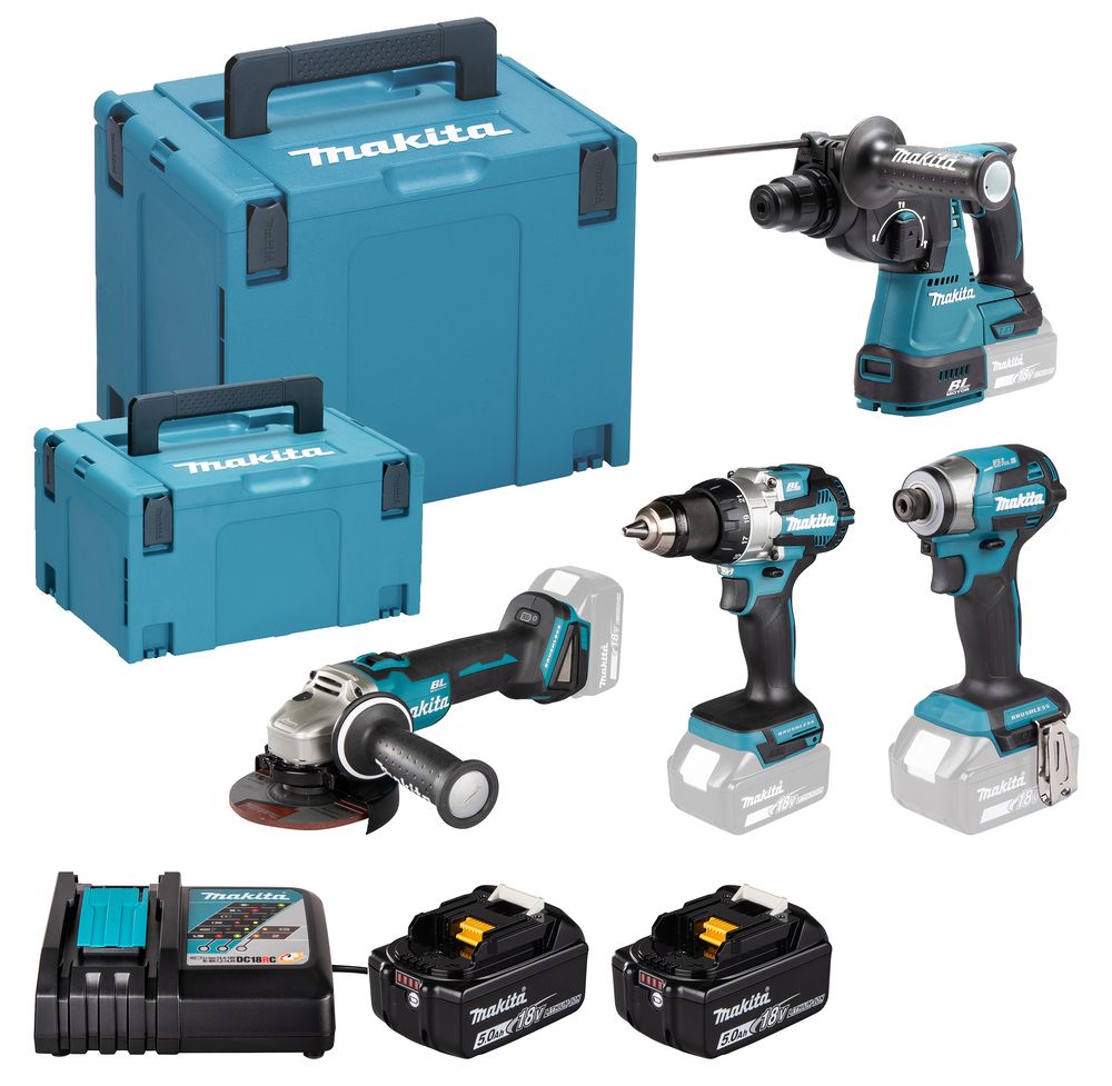 Įrankių rinkinys Makita DLX4200JX1 (DDF489+DGA504+DHR242+DTD173); 18 V; 2x5,0 Ah akum.