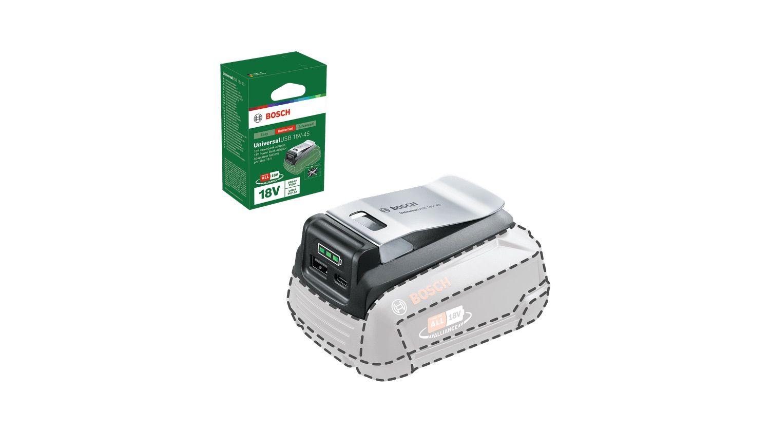 Akumuliatorių adapteris Bosch UniversalUSB 18V-45 -> USB (x2) tinka krauti telefono baterijoms