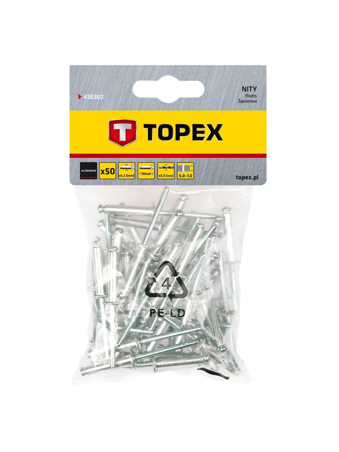 Kniedės Topex 43E302; 3,2x10 mm; 50 vnt.