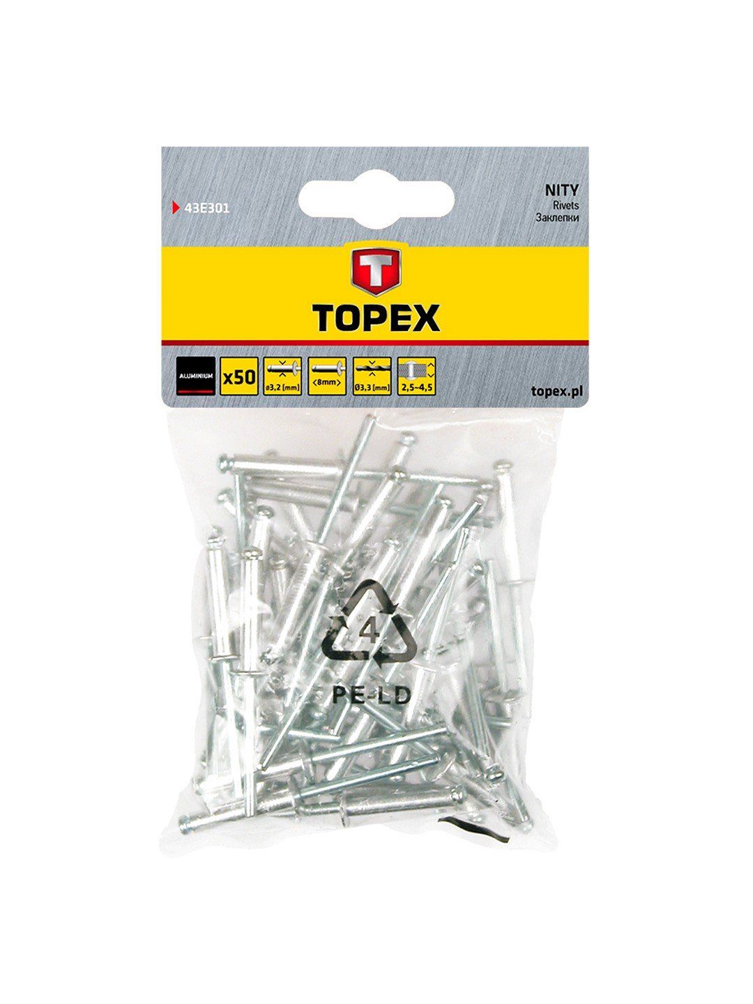 Kniedės Topex 43E301; 3,2x8,0 mm; 50 vnt.