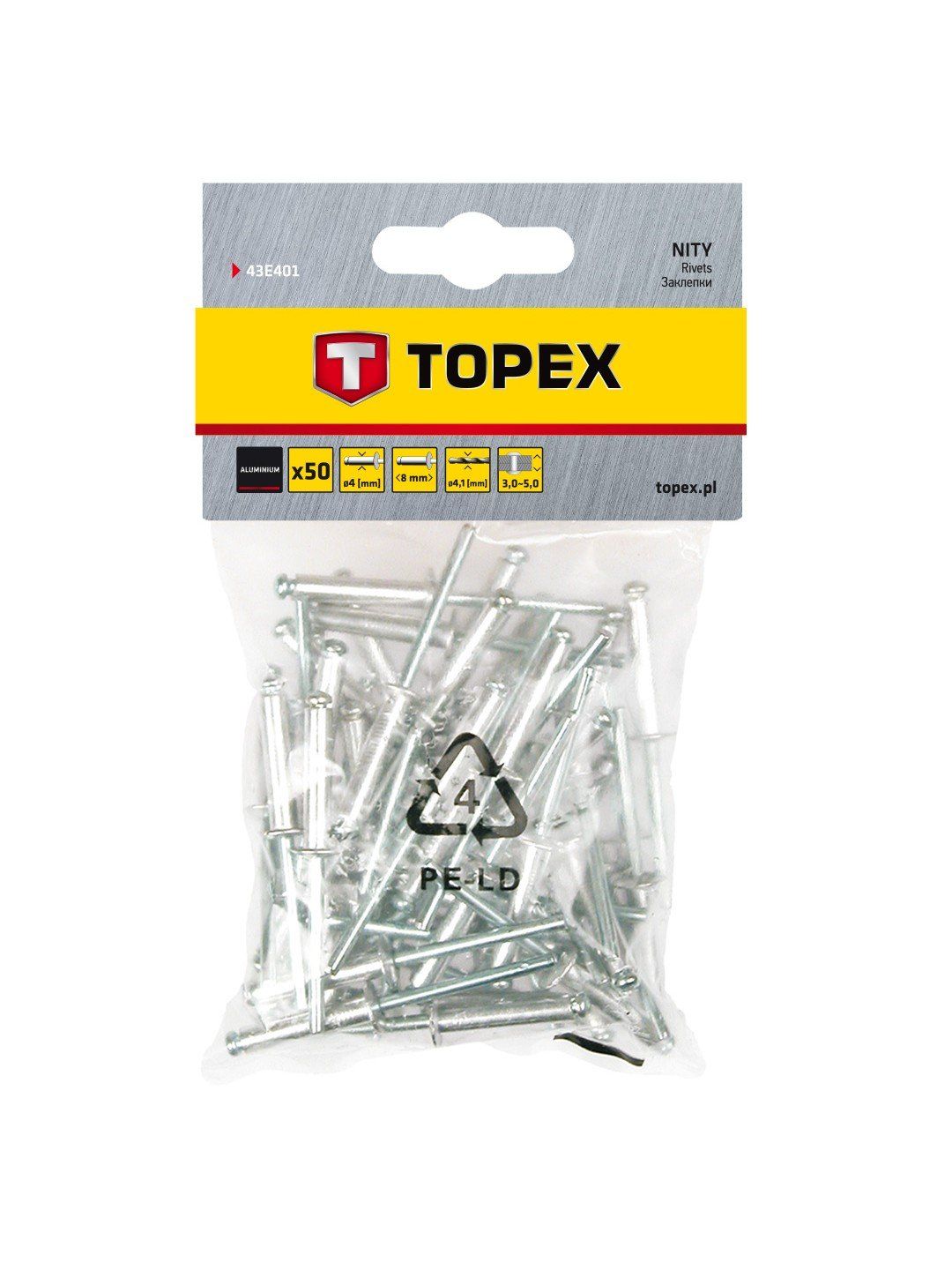 Kniedės Topex 43E401; 4,0x8,0 mm; 50 vnt.