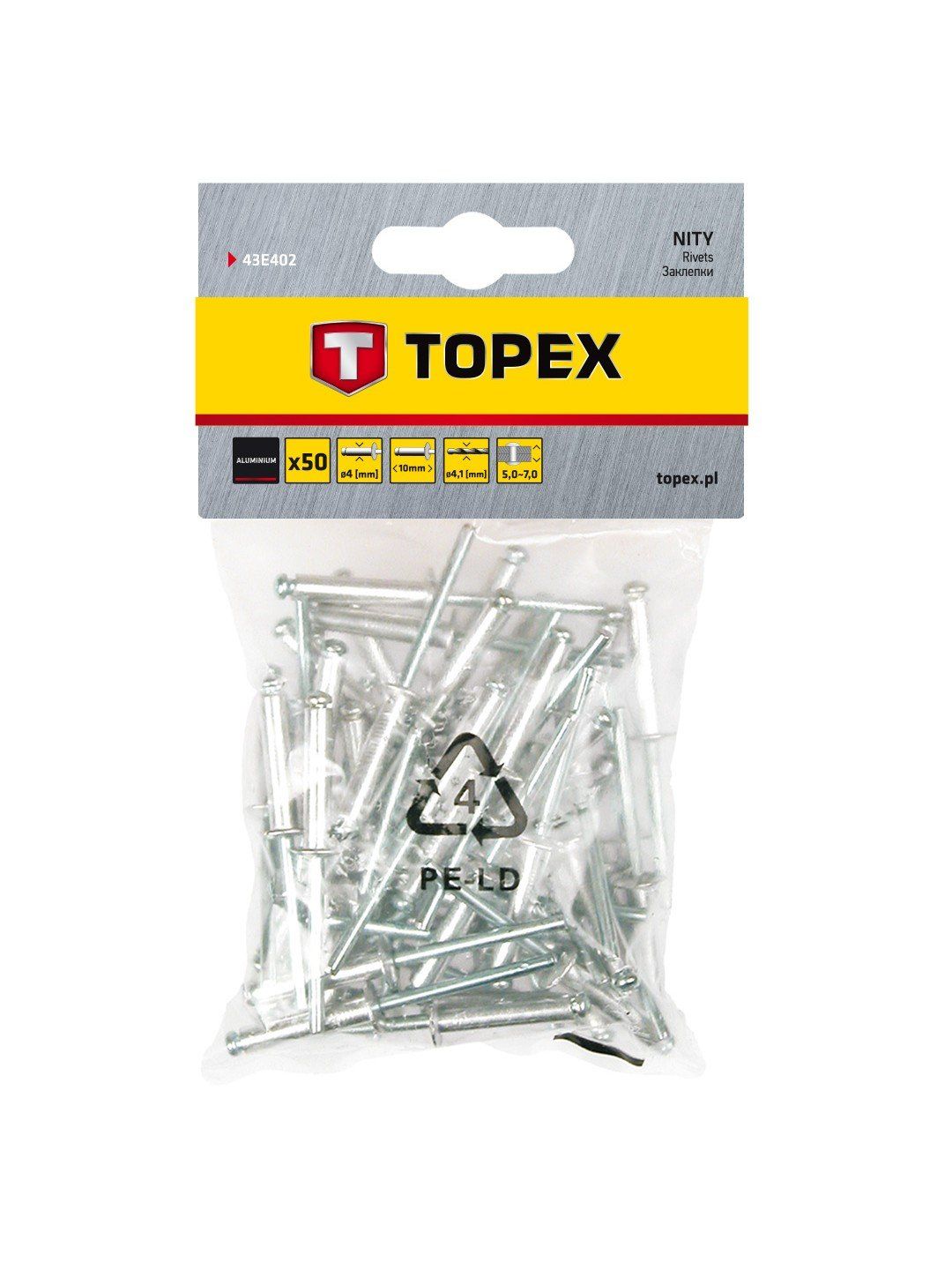 Kniedės Topex 43E402; 4,0x10 mm; 50 vnt.
