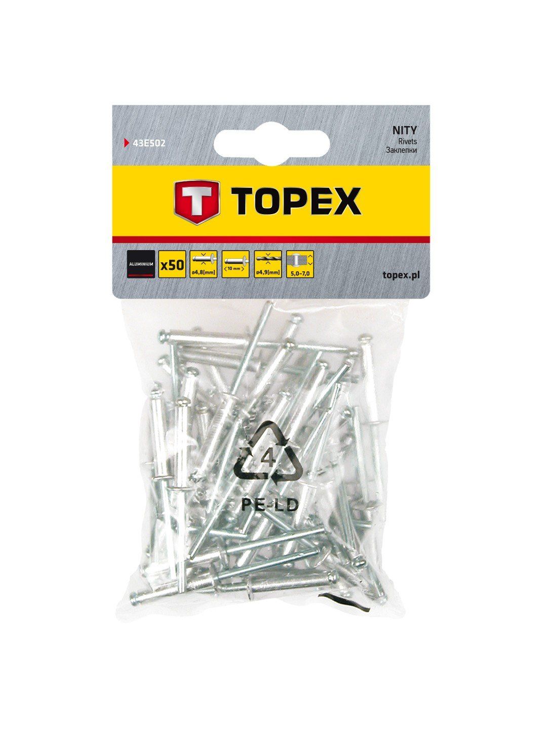 Kniedės Topex 43E502; 4,8x10 mm; 50 vnt.