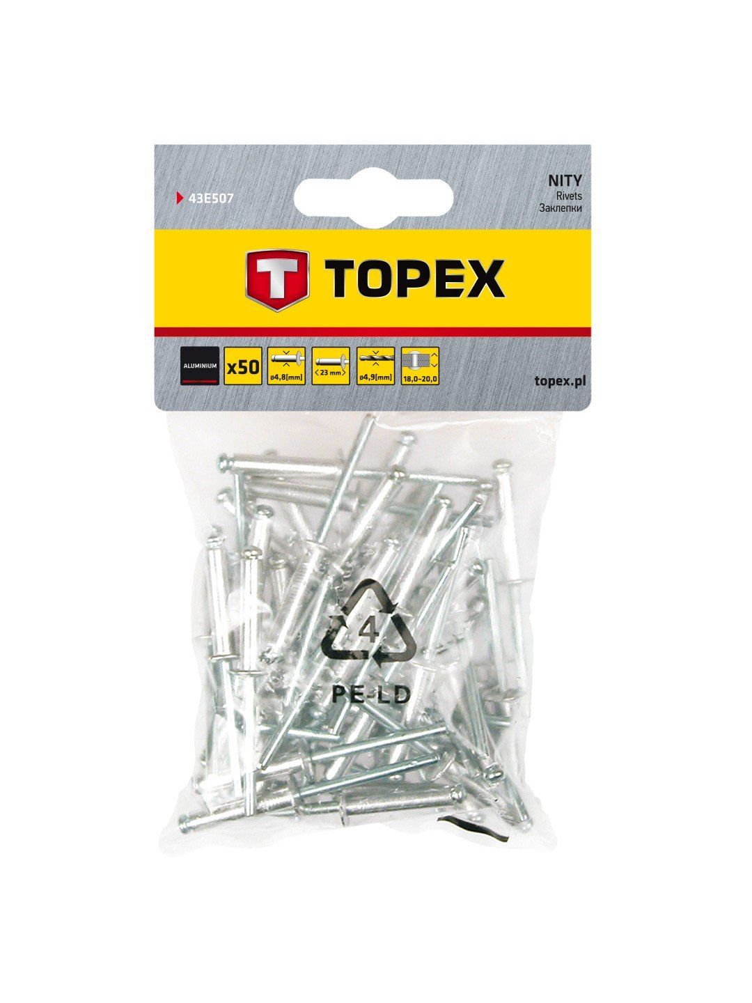 Kniedės Topex 43E507; 4,8x23 mm; 50 vnt.