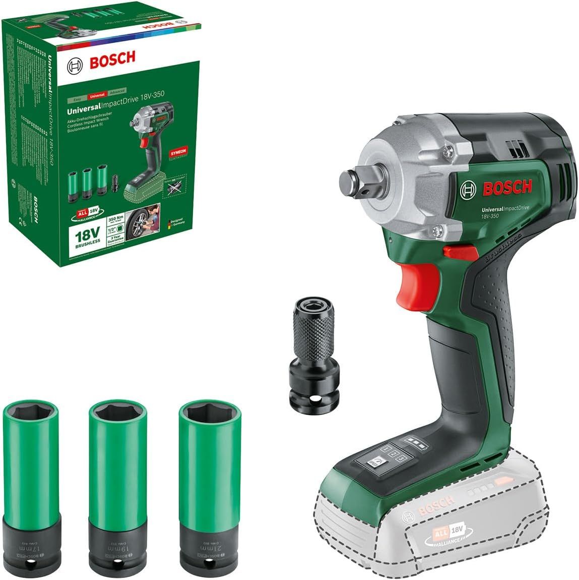 Smūginis veržliasūkis Bosch Universal ImpactDrive 18V-350; 18 V (be akumuliatoriaus ir pakrovėjo); su priedais