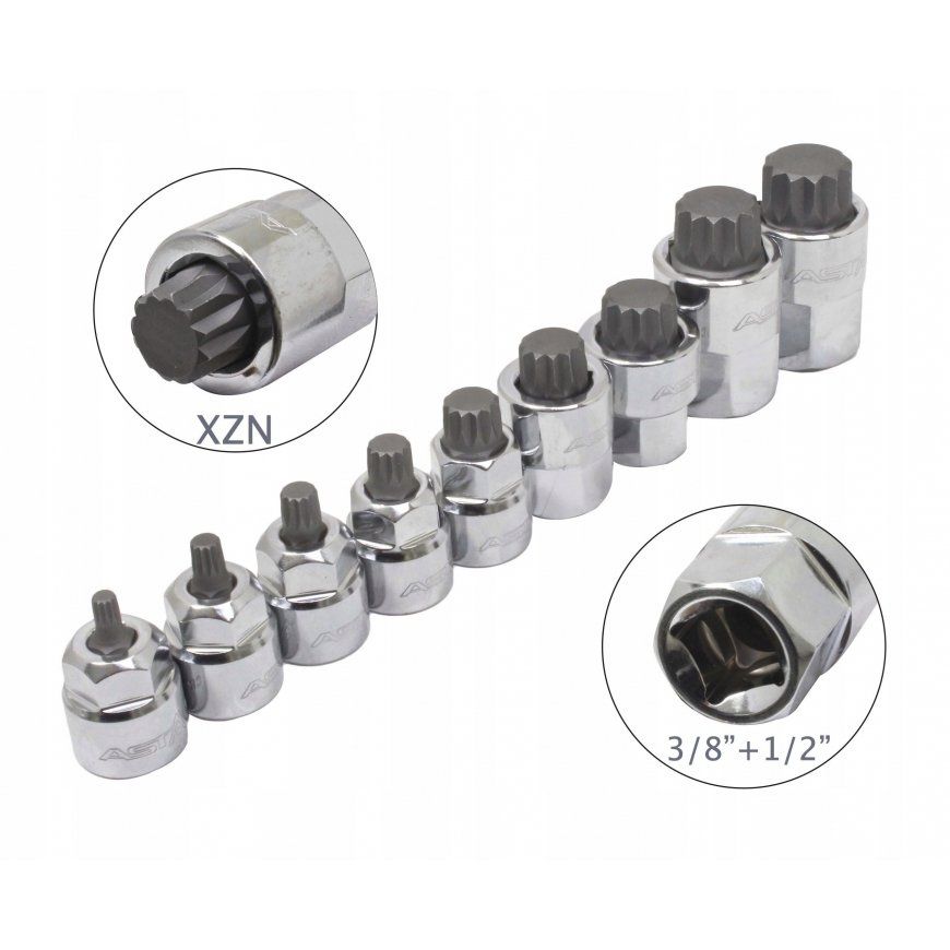 Galvučių su antgaliais rinkinys ASTA A-M9XZN; 1/2''; 3/8''; 9 vnt.