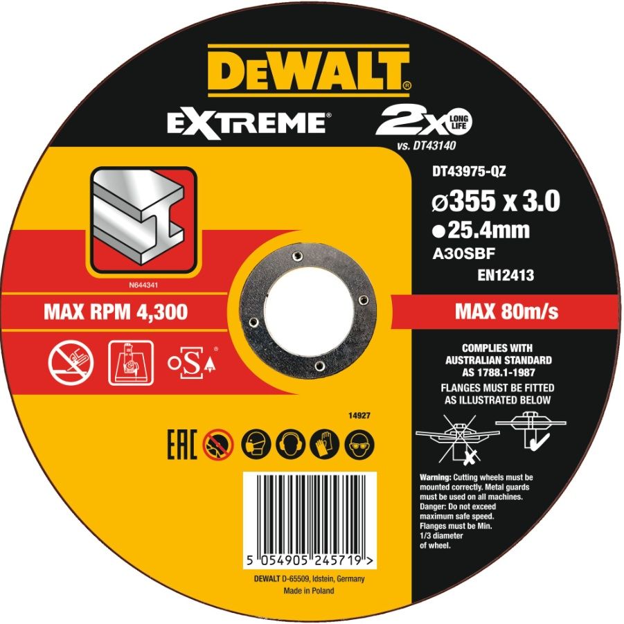Abrazyvinis pjovimo diskas DeWalt DT43975-QZ; 355x25,4x3,0 mm