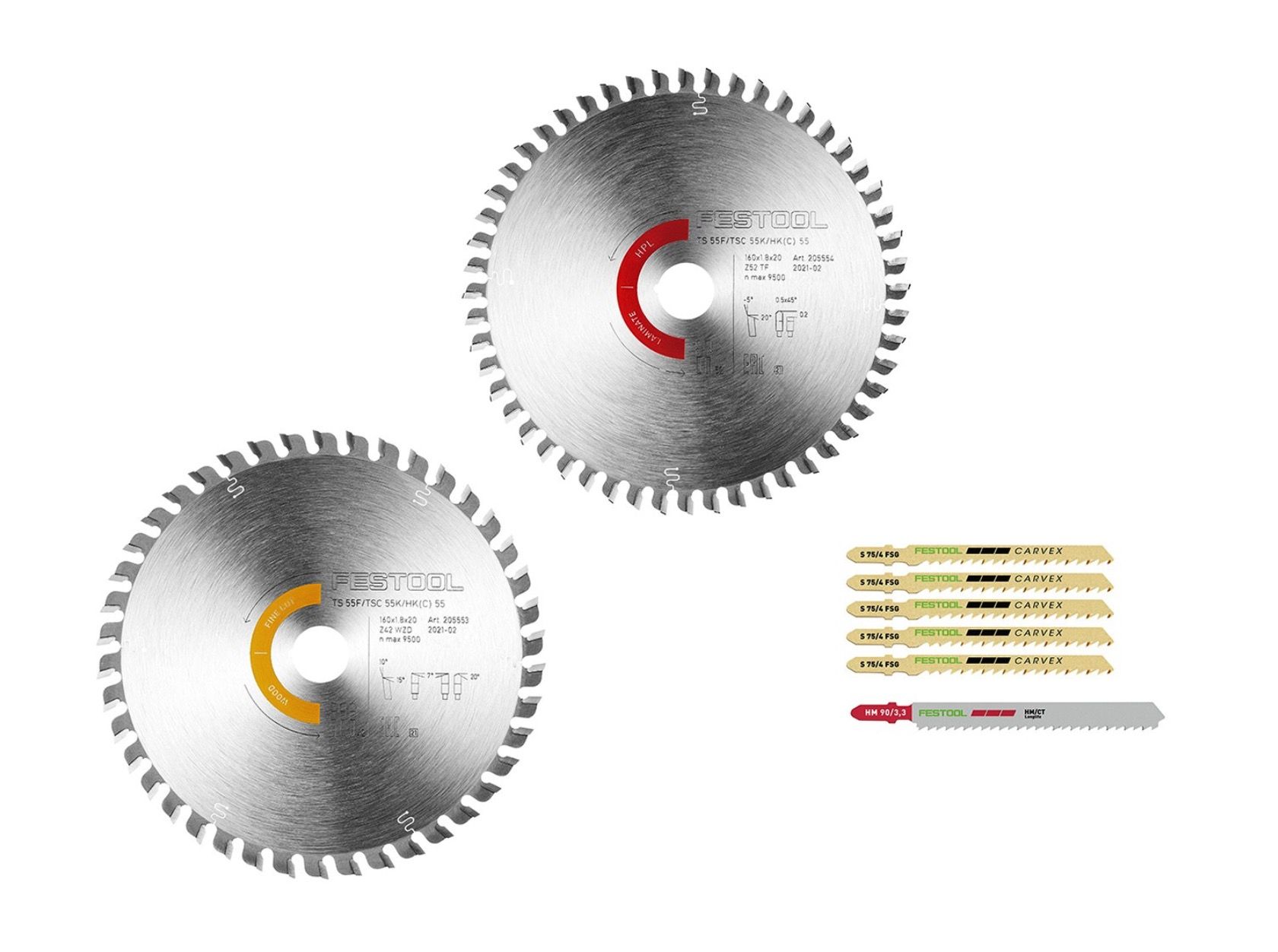 Pjovimo diskai Festool KSB-SORT/2 W/L; 160x1,8x20 mm; Z42/Z52; 10/-5°; 2 vnt. + pjūkleliai siaurapjūkliui