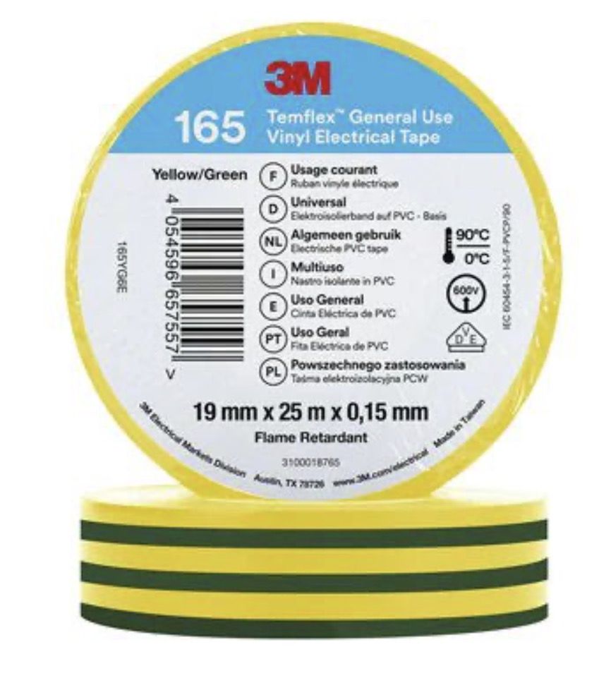 Izoliacinė juosta 3M Temflex 165; 15 mm; 10 m; žalia; geltona