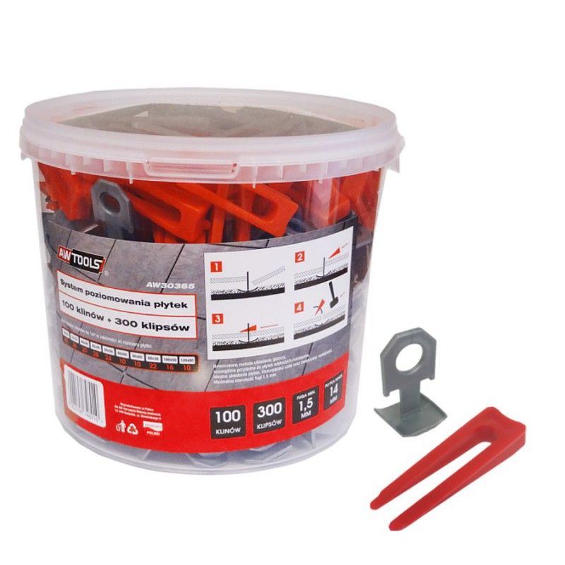 Plytelių nyveliavimo komplektas AWTools AW30365; 1,5 mm; 7-15 mm; 300+100 vnt.
