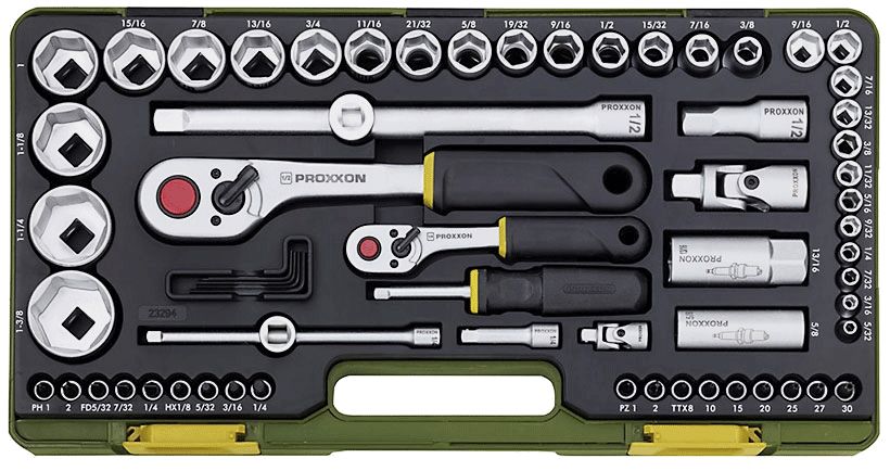 Colinės sistemos galvučių komplektas Proxxon; 65 vnt.; 1/4''+1/2''