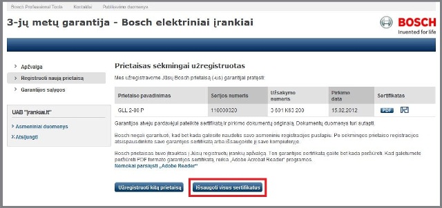 Bosch įrankio sertifikatų išsisiaugojimas